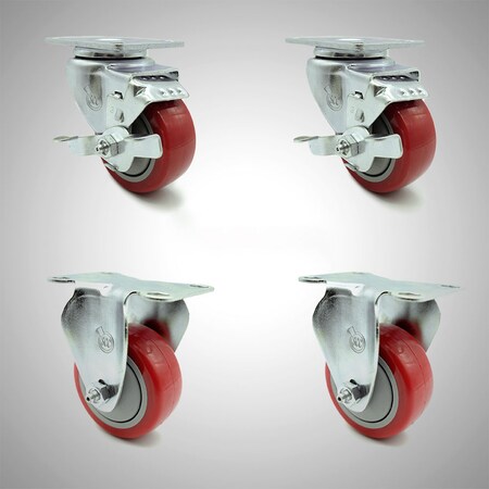 Service Caster 3 Inch SS Red Polyurethane Top Plate Caster Set with 2 Brake 2 Rigid SCC SCC-SS20S314-PPUB-RED-TLB-2-R314-2